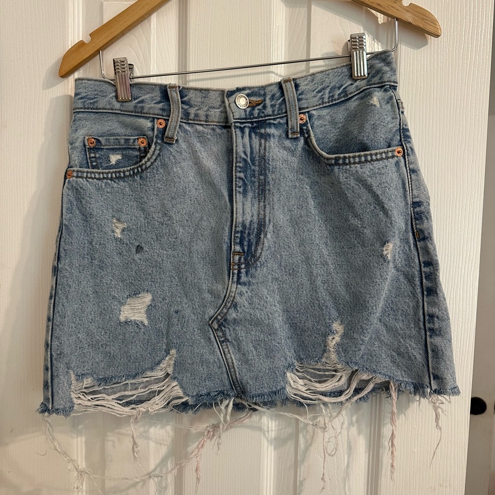 Mango Light Blue Distressed Mini Skirt
